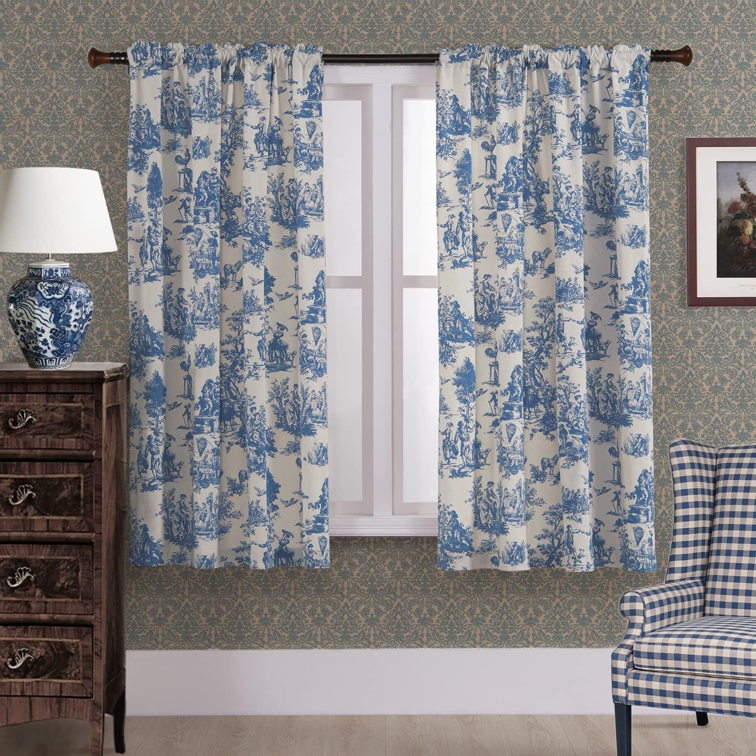 Blue Curtains 63 Inch Length for Living Room with Floral Print
