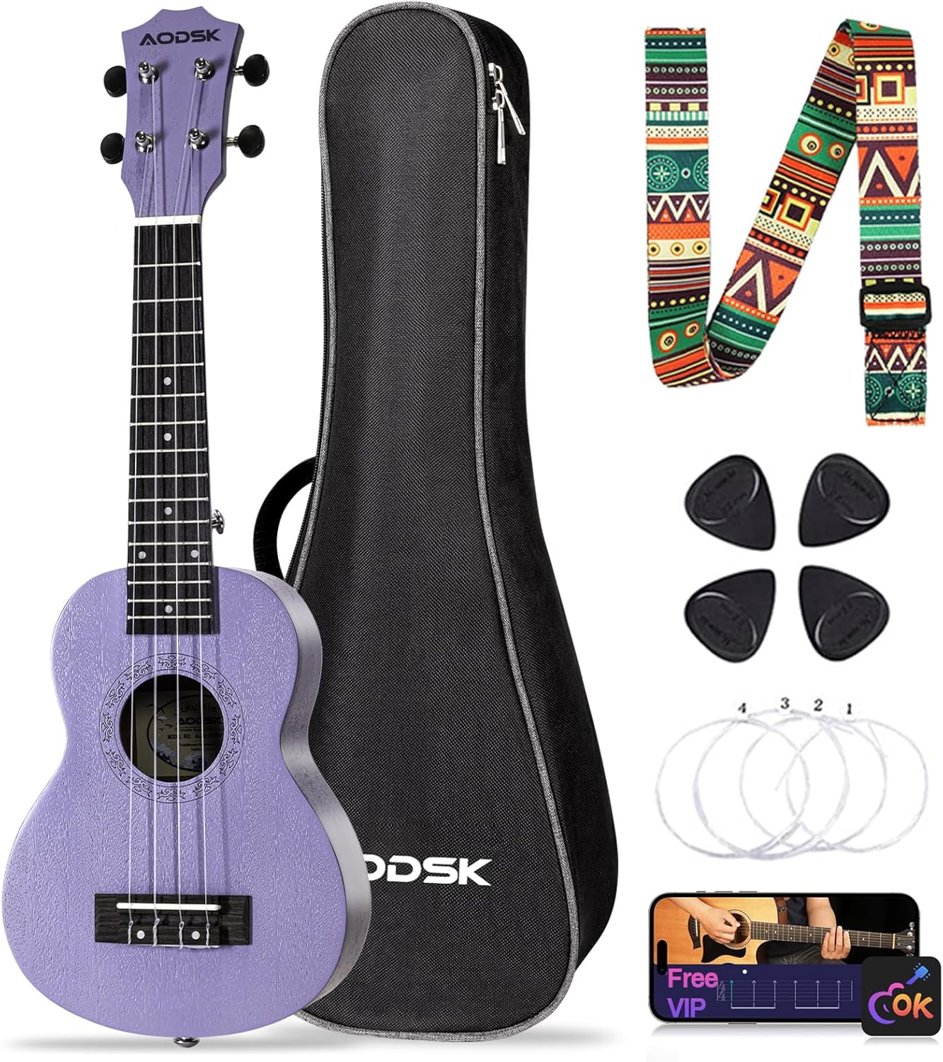AODSK Soprano Violet Ukulele for Beginners with Gig Bag and Picks