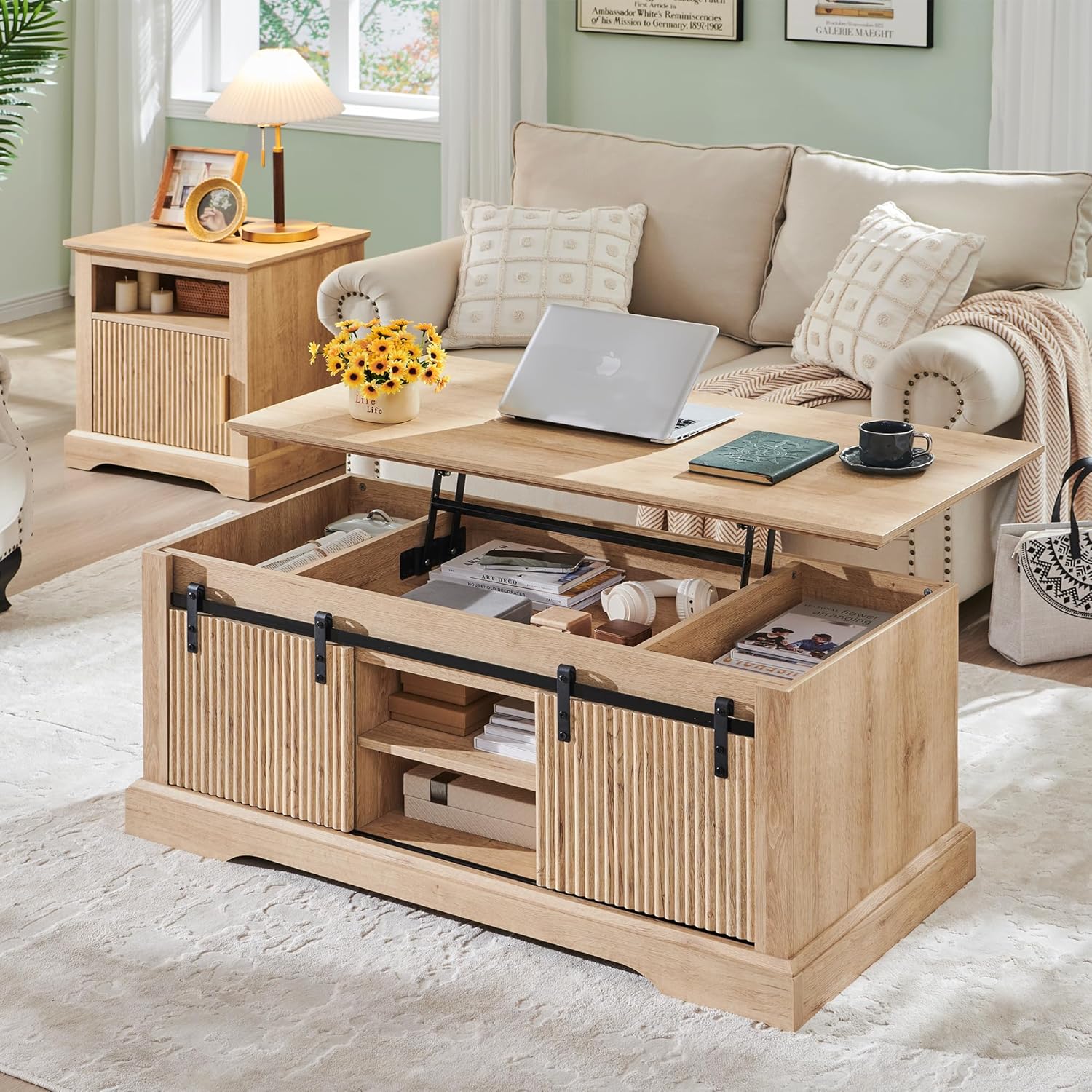 Modern Lift Top Coffee Table - Hidden Storage & Dining Conversion