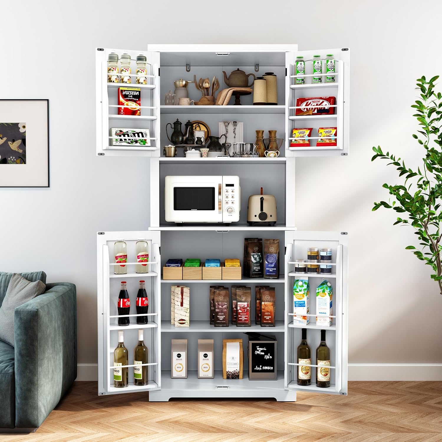 Freestanding Pantry Cabinet with Microwave Stand