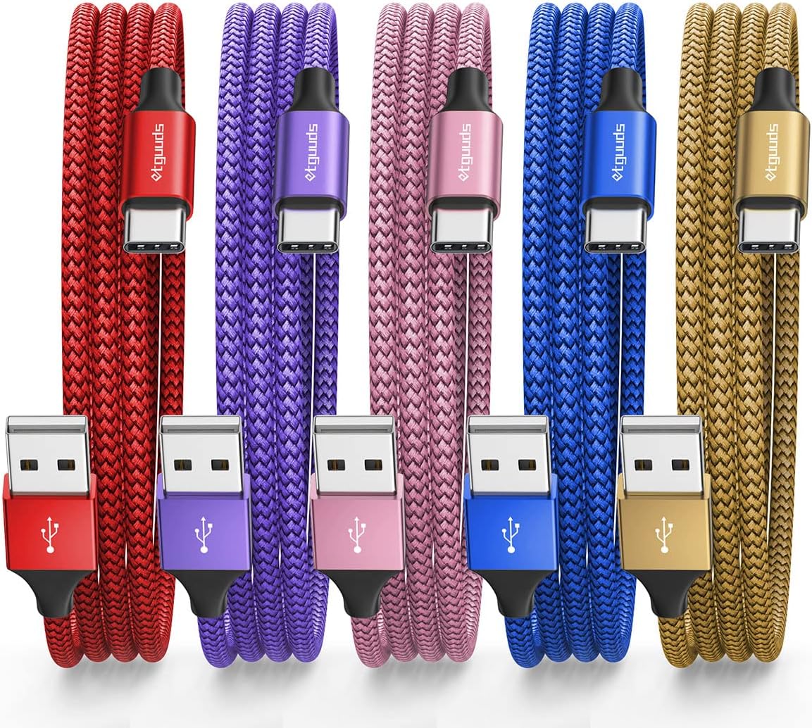 5-Pack Fast Charging USB C Cables, 4ft Braided - iPhone & Samsung Compatible