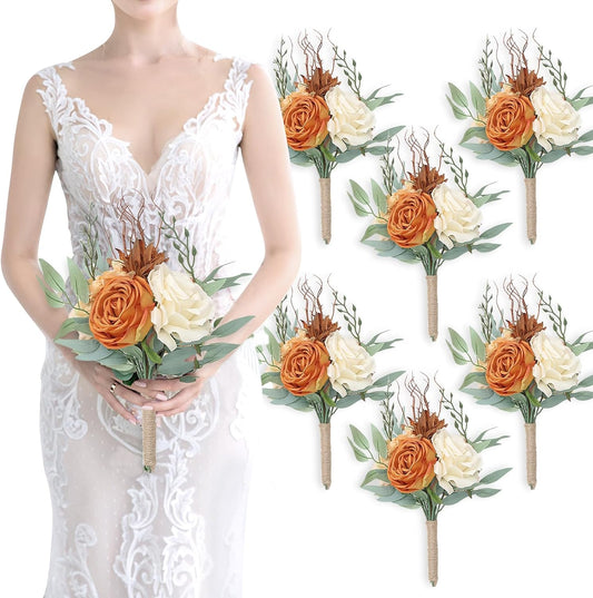Bridesmaid Bouquets for Wedding - Set of 6 Artificial Flowers