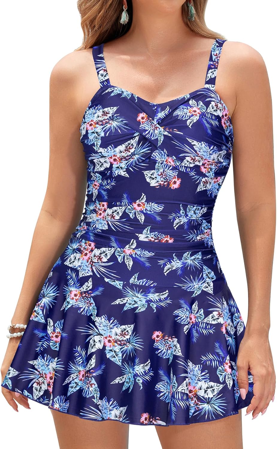 SHEKINI Women's Crossover Ruched Skirt One Piece Swimdress