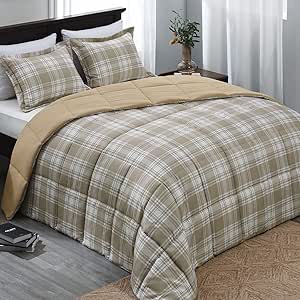 Basic Beyond King Size Comforter Set - Khaki Buffalo Plaid Style