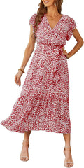 Women's Floral Boho Maxi Dress Wrap V Neck - Flowy Summer Staple Shoes