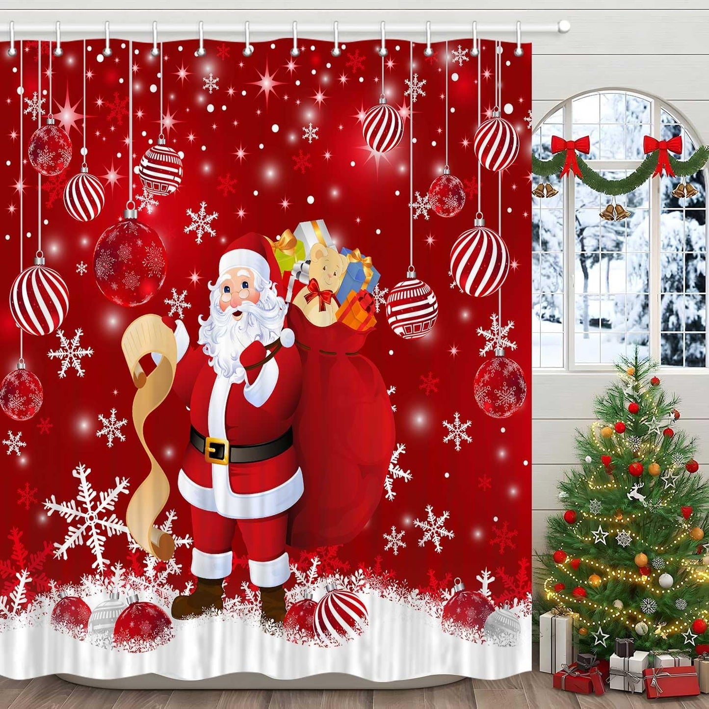 Christmas Winter Shower Curtain Set, Santa Reindeer Theme, 70x72 inch