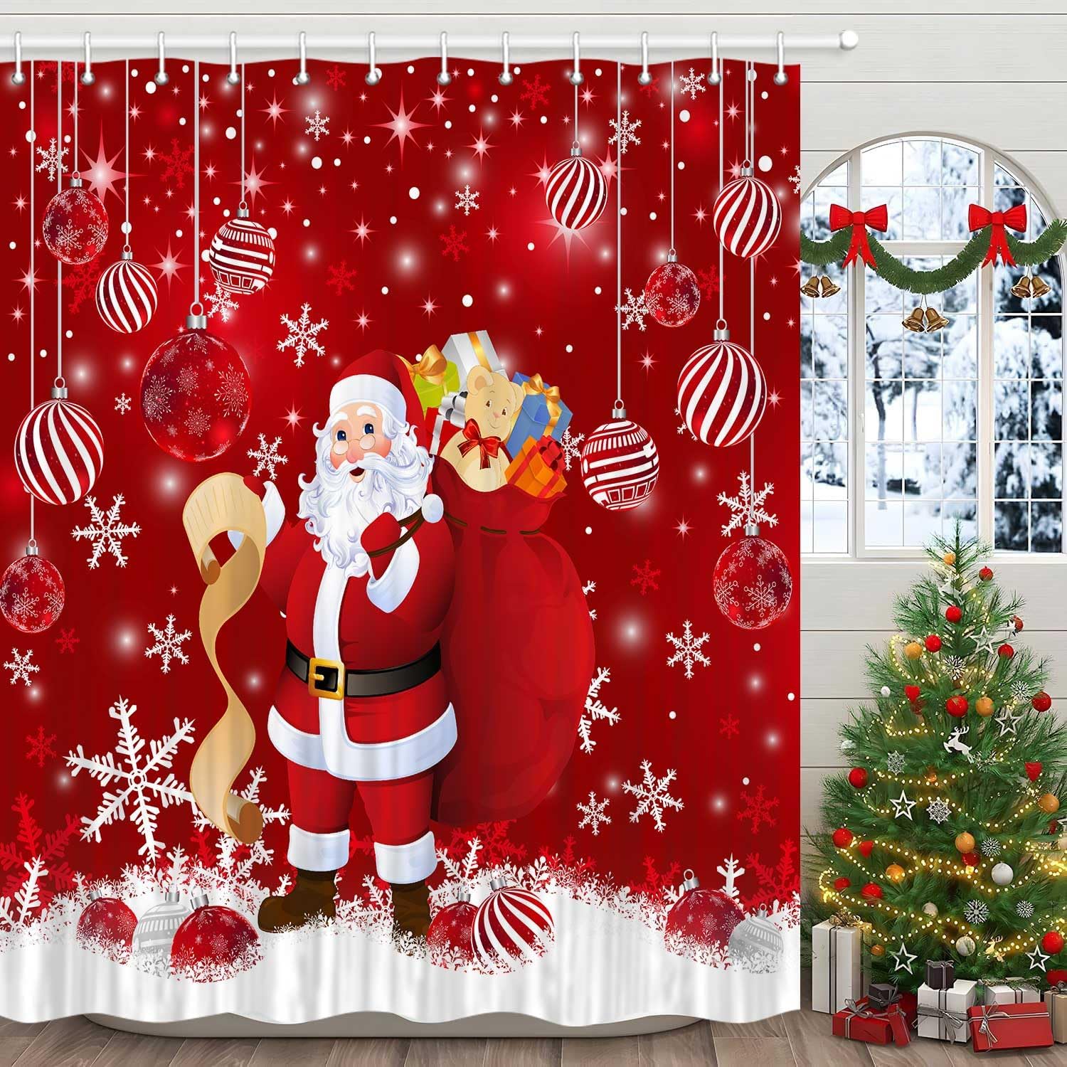 Christmas Winter Shower Curtain Set, Santa Reindeer Theme, 70x72 inch