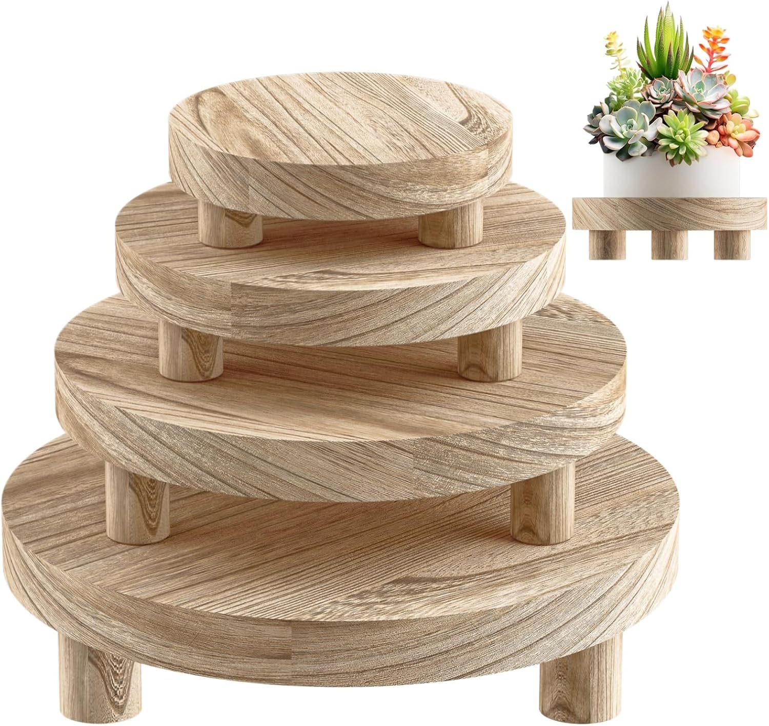 Wood Plant Stand Indoor Outdoor for Decor - 4pcs Round Risers