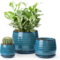 Ceramic Plant Pots with Drainage Holes and Saucers - 3pc Blue Set