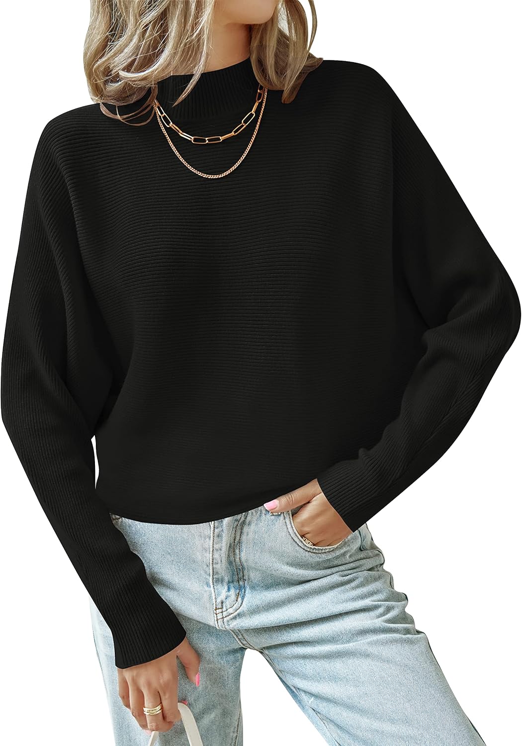 ZESICA Women's Turtleneck Batwing Long Sleeve Pullover Sweater