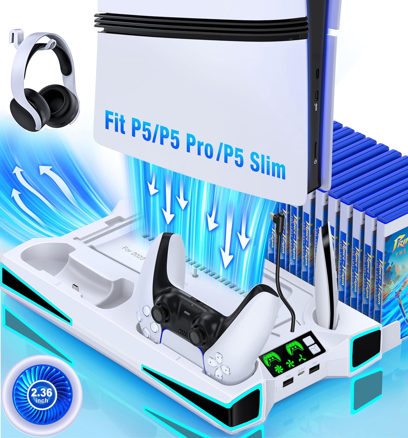 PS5 Stand with Cooling Fan and Controller Charger Station