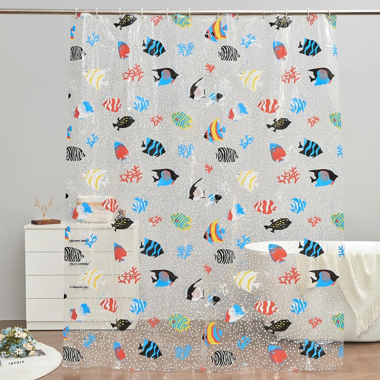 Tropical Fish Shower Curtain: Waterproof, Lightweight, Fashionable ~ 35 max characters.