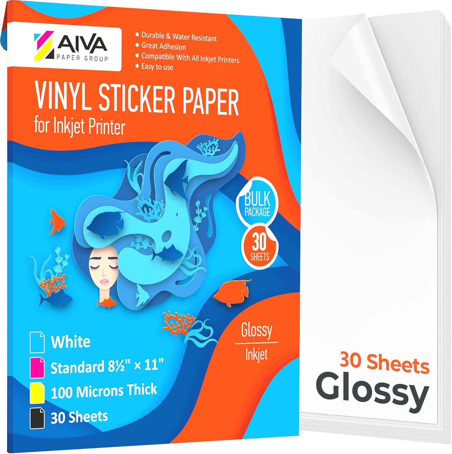 Waterproof Printable Vinyl Sticker Paper - 30 Glossy White Sheets - Inkjet Printer Friendly - Letter Size 8.5x11 - Self-Adhesive - Limia's Care