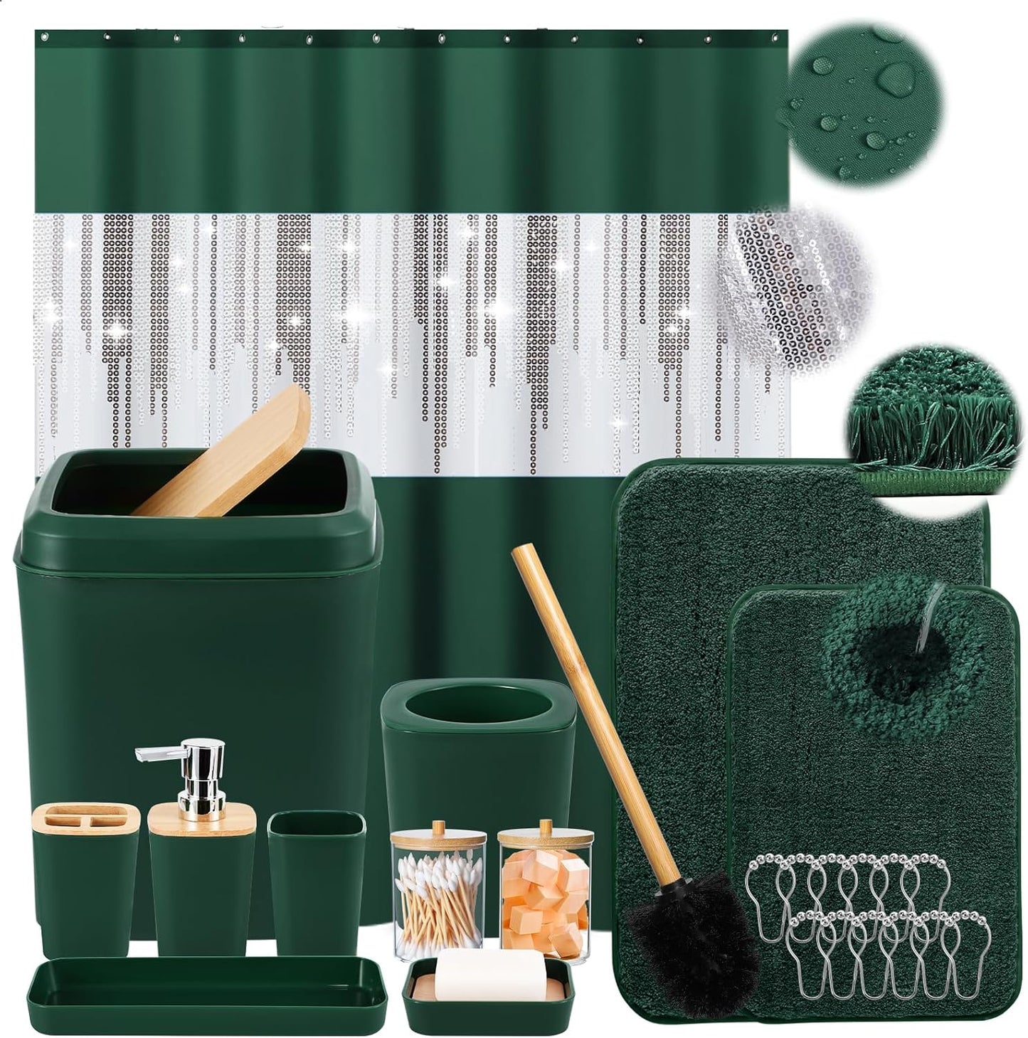 Dark Green Bathroom Sets with Shower Curtain and Rugs for Style