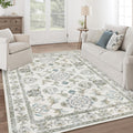 8x10 Washable Area Rug Beige and Sage Green Vintage Boho Floral - Low