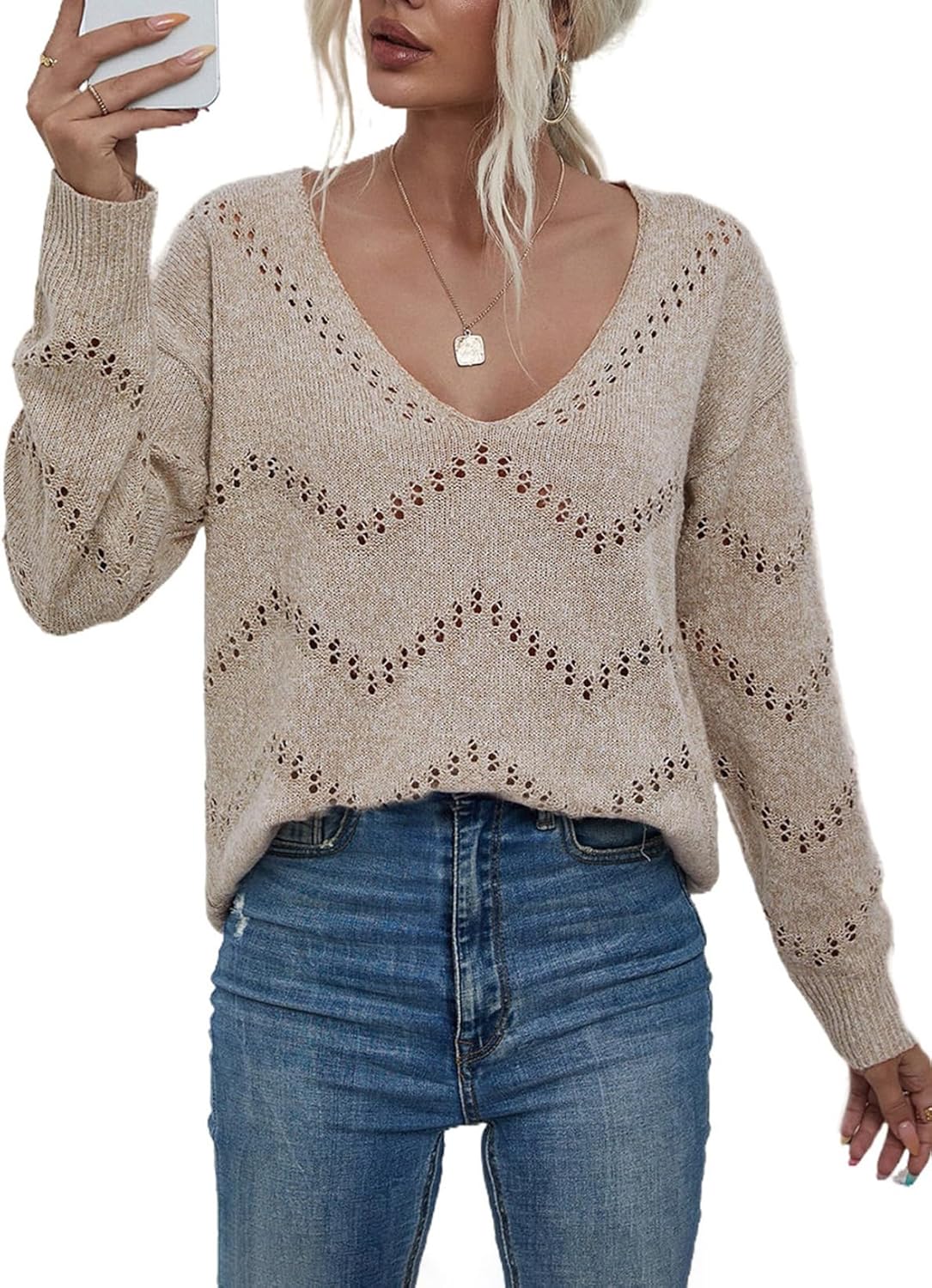 EVALESS Women's Crochet Sweater Top for Cozy Fall Fashion