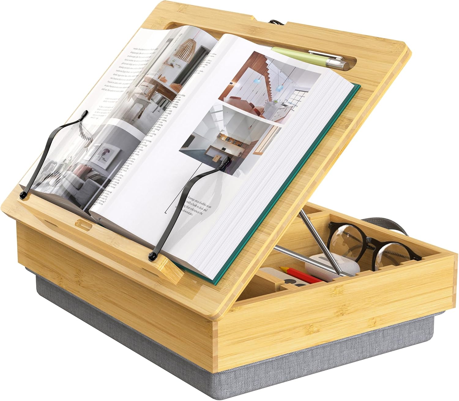 Adjustable Bamboo Book Stand for Reading with Storage Options
