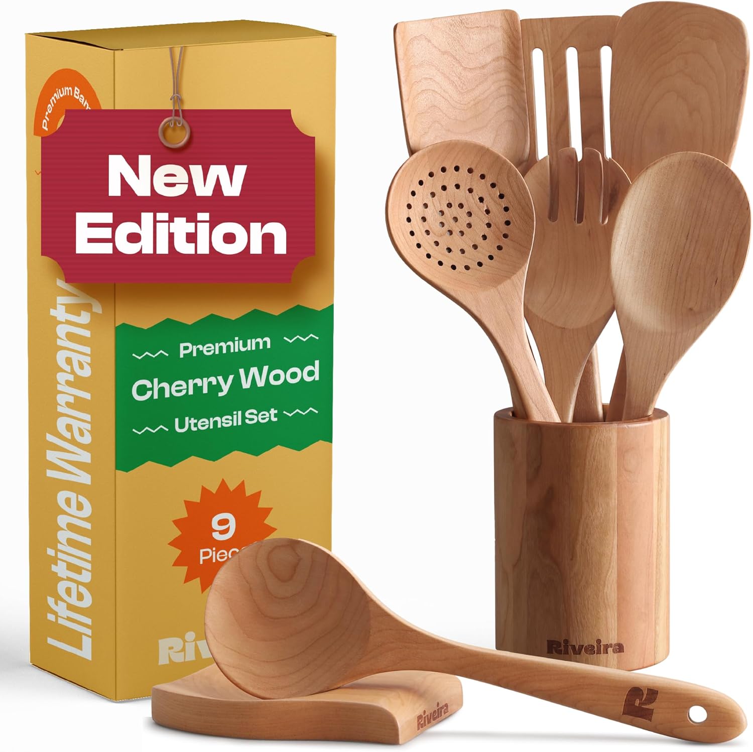 Cherry Wooden Spoons for Cooking - Premium Quality Set of 9