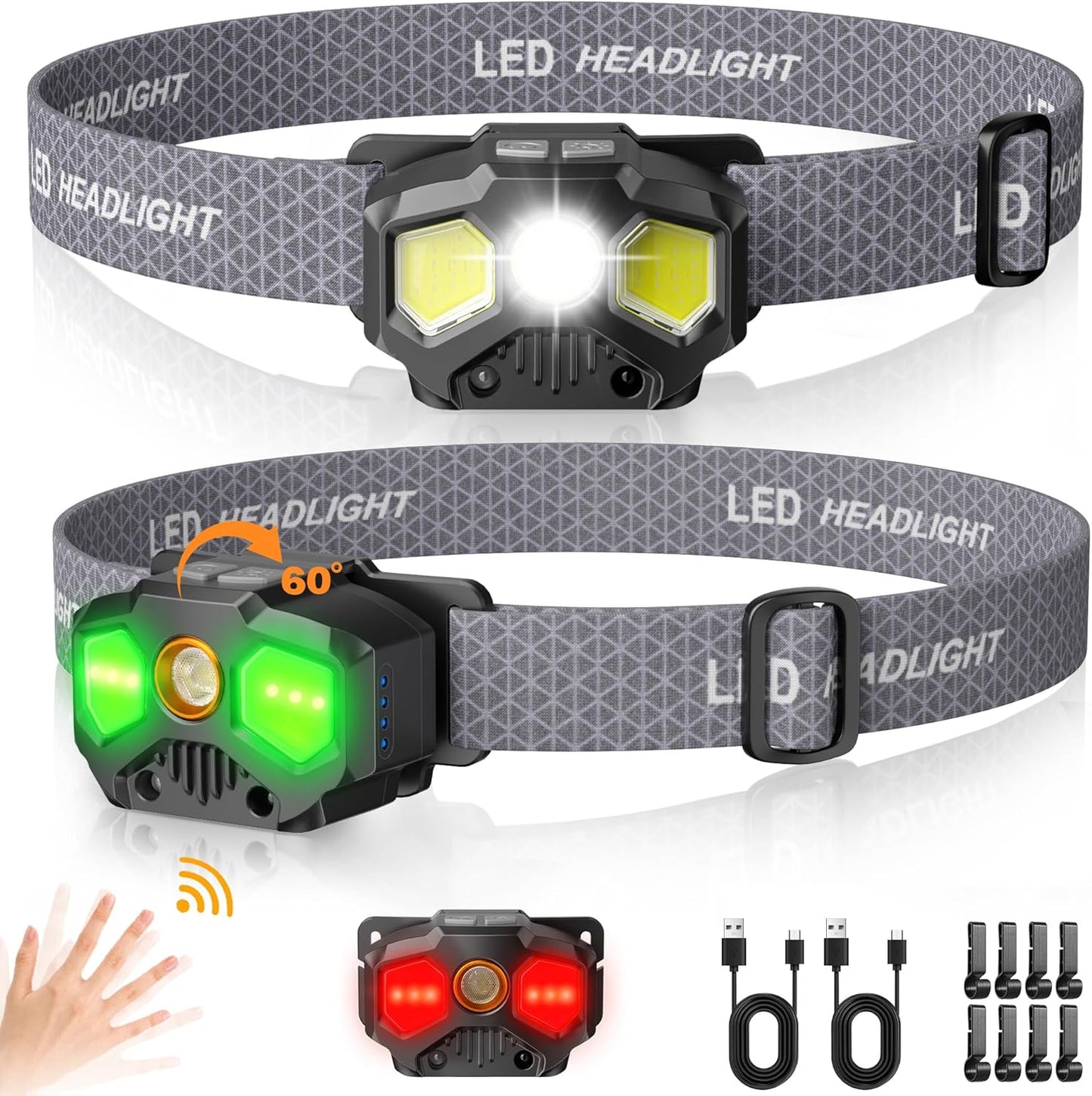 Ultra-Bright Rechargeable Headlamp Duo - 1400 Lumens, Motion Sensor, Memory Function - Perfect for Camping! 