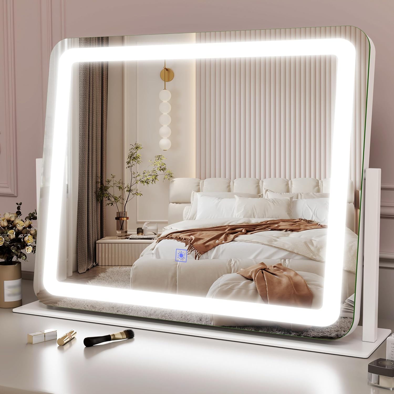 ROLOVE Lighted Vanity Mirror - Dimmable LEDs, Smart Touch, 360 Rotating Base - Makeup Essential
