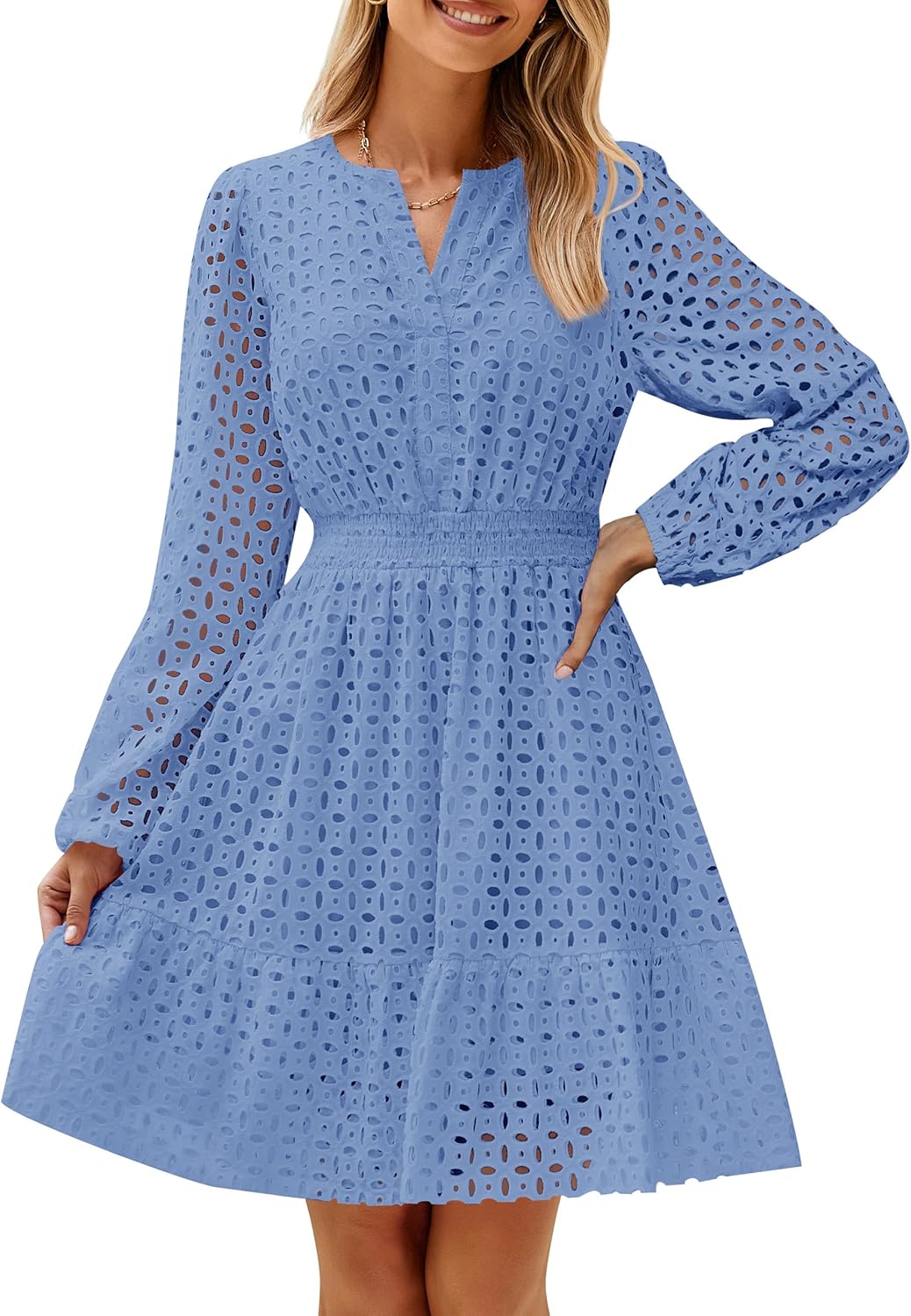 ZESICA Women's Long Sleeve Mini Dress with Eyelet Embroidery