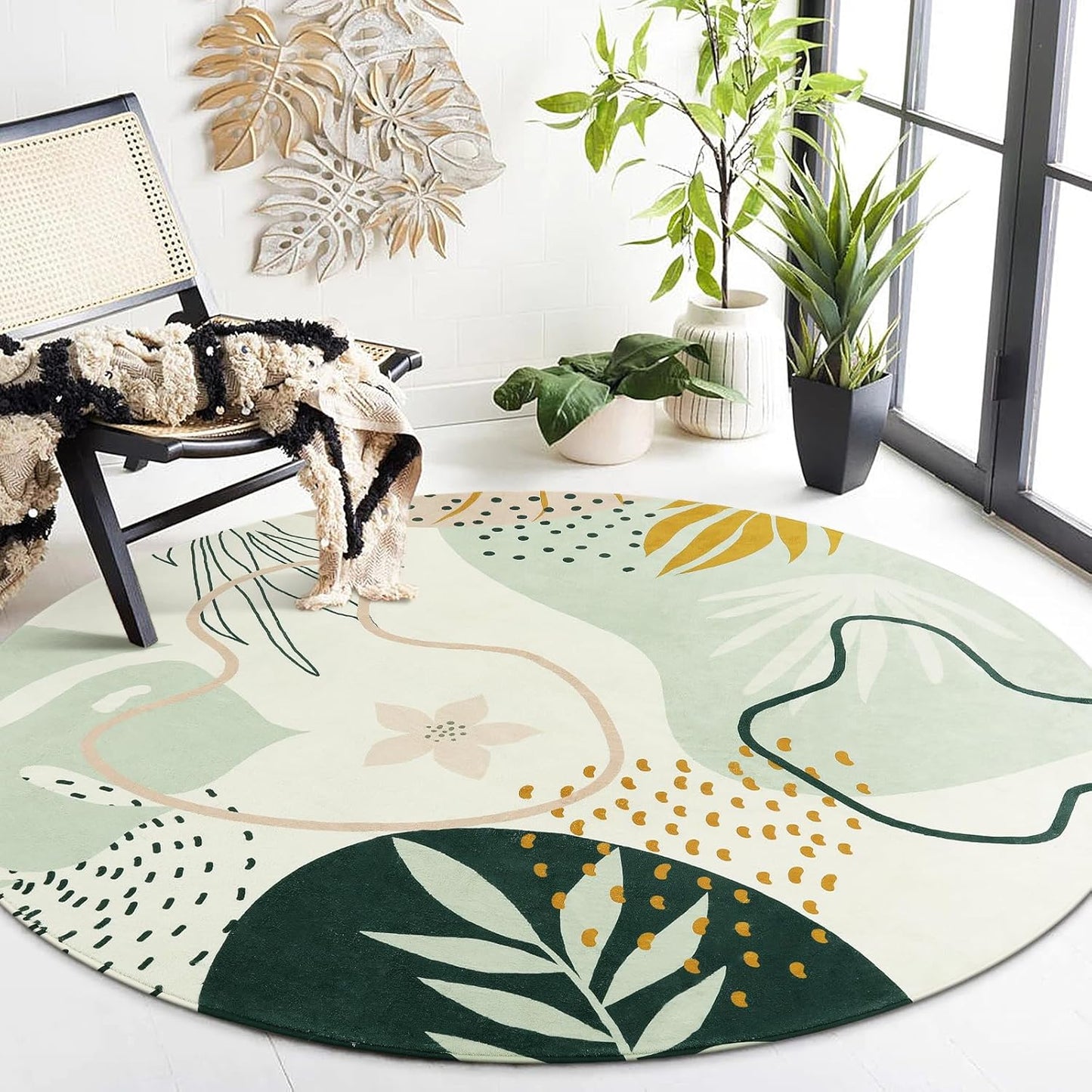Lahome Green Washable Round Rug - Soft Boho Area Rug for Home
