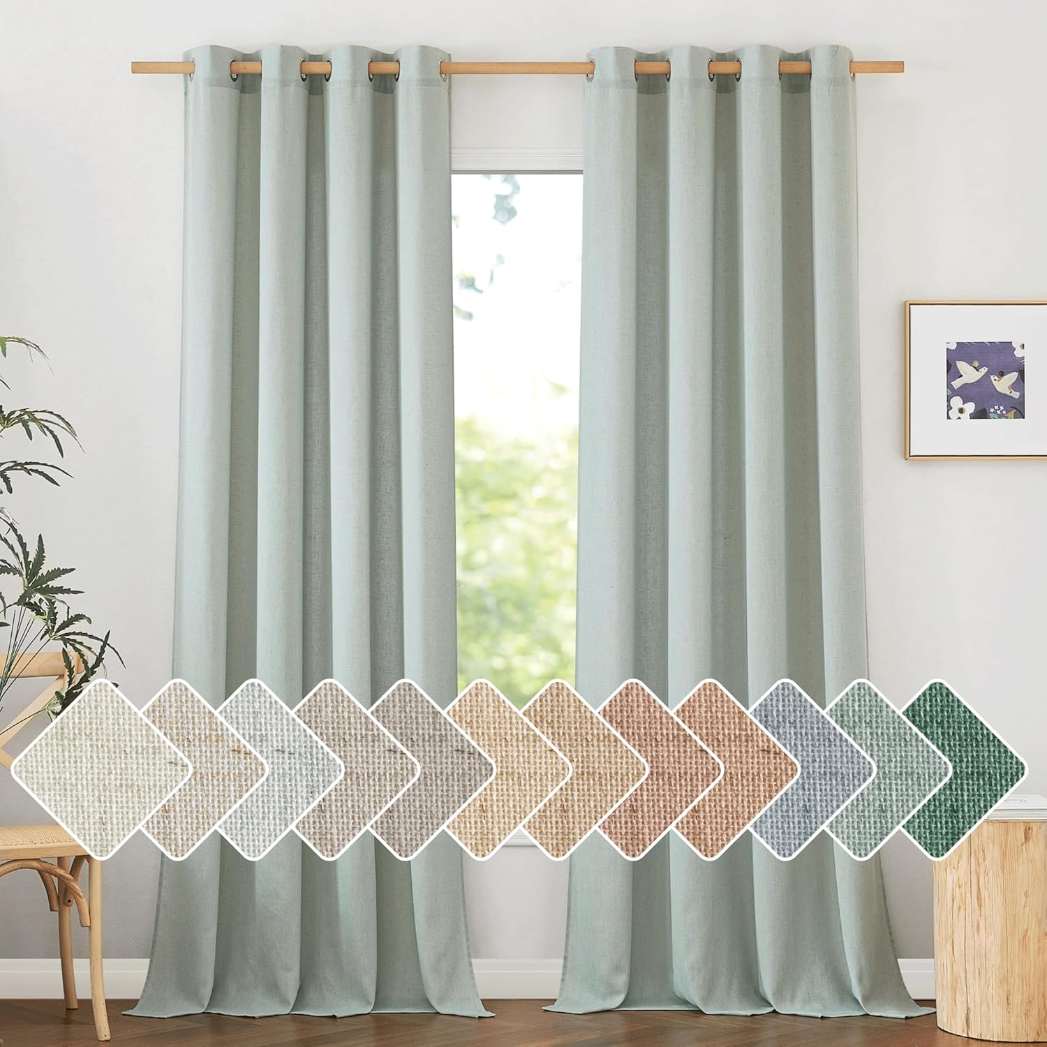 Linen Sage Green Curtains for Living Room - 96 inches Long