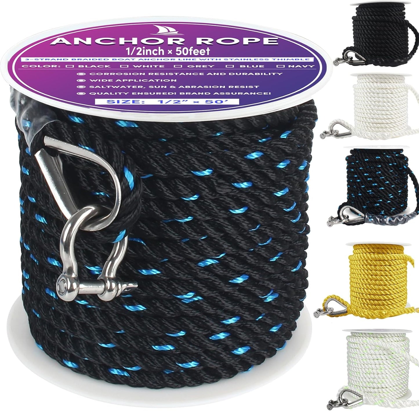 Boat Anchor Rope 50 ft x 1/2 inch for Towing and Mooring