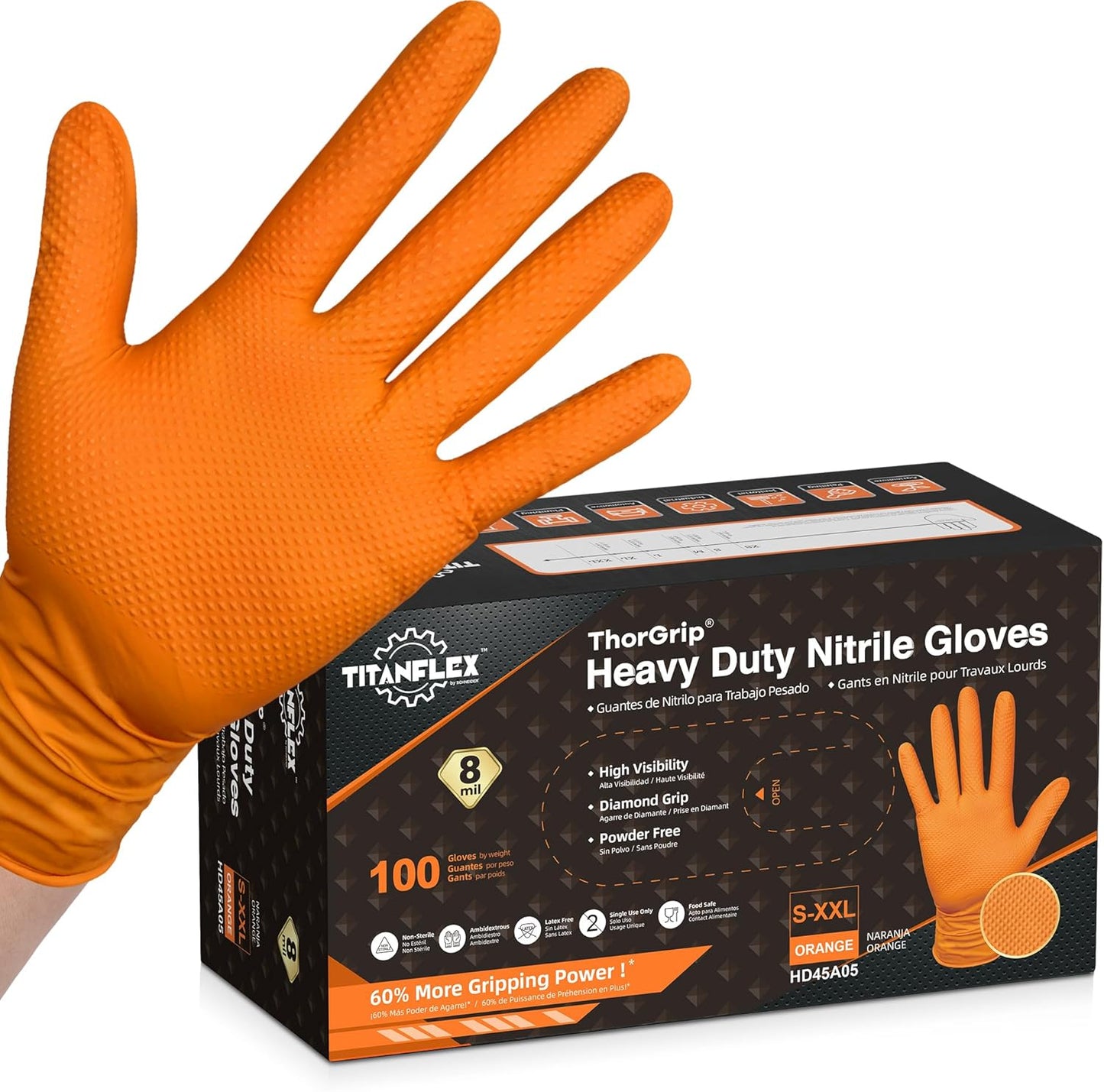 Schneider TitanFlex Heavy Duty Orange Nitrile Gloves - Diamond Texture - 8mil