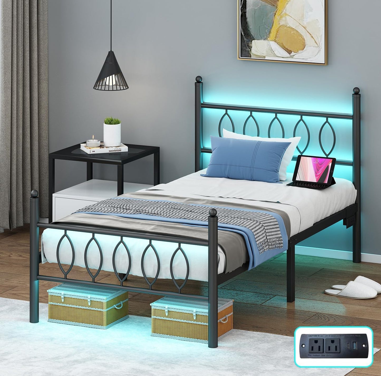 Twin Size Bed Frame with Headboard and LED Lights for Comfort