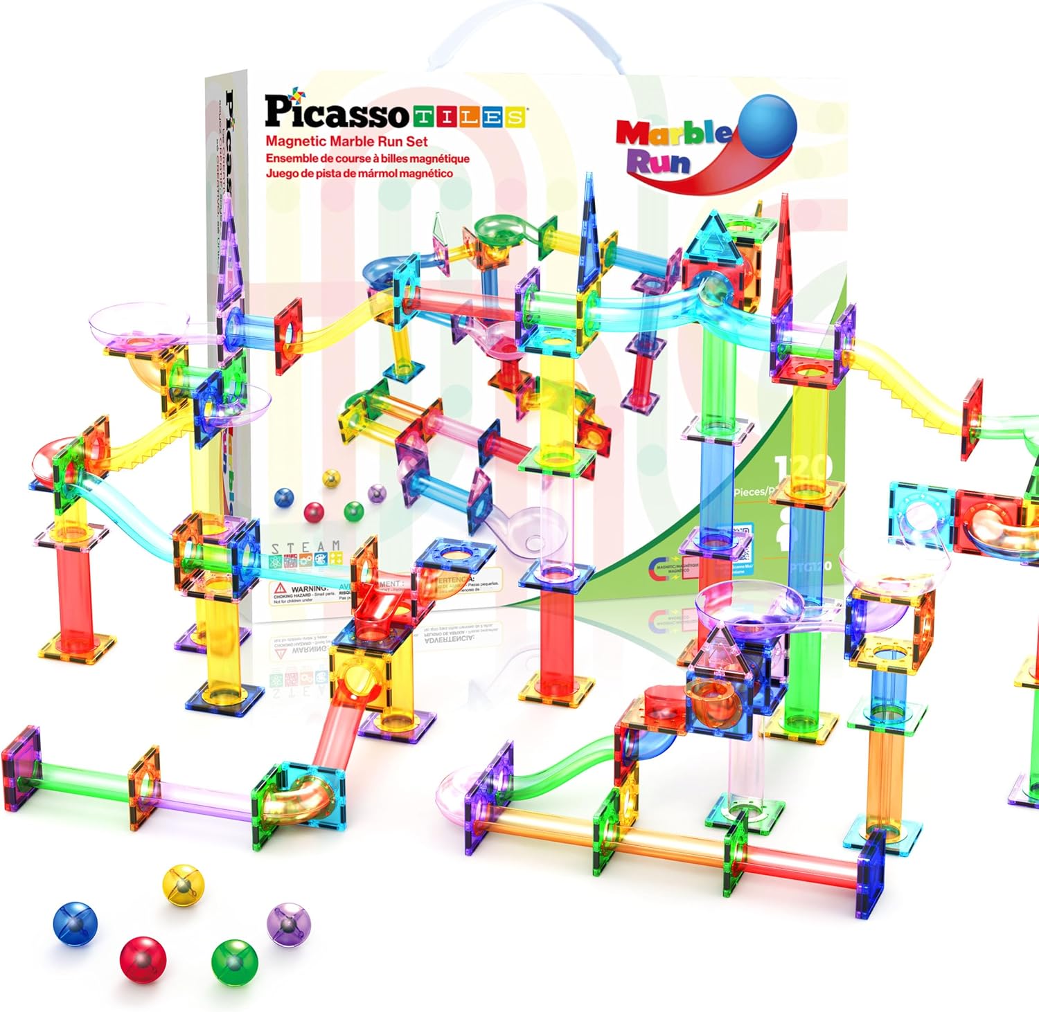PicassoTiles 120pc Magnetic Tile Marble Run Set for Kids Fun