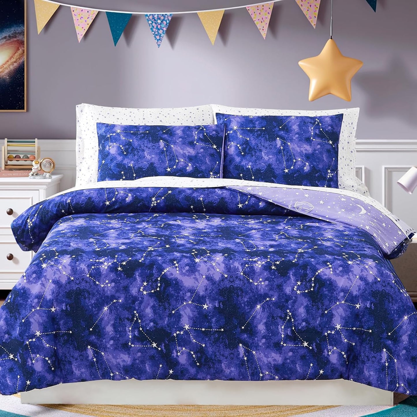 Twin Comforter Set - 5 Pieces Galaxy Glow in The Dark Bedding