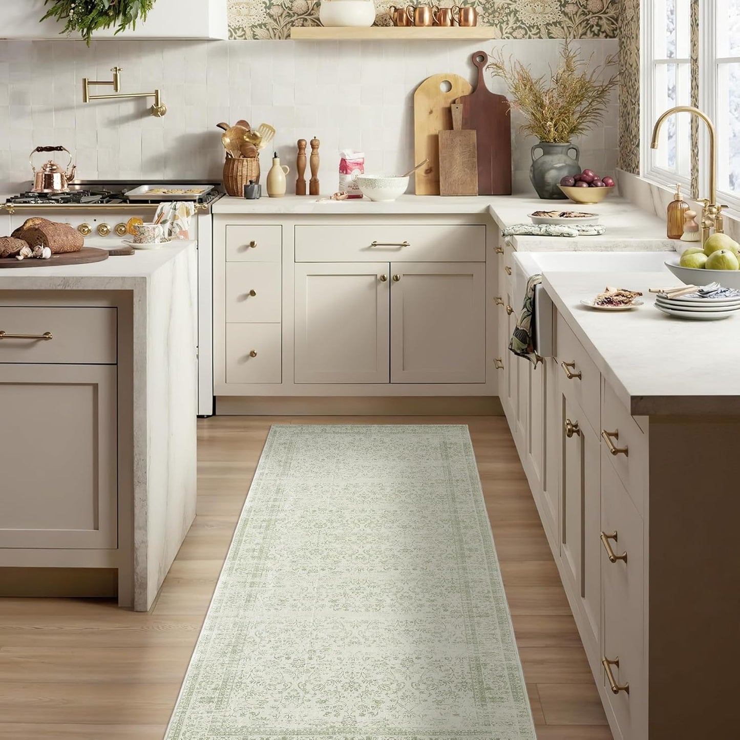 Sage Green Washable Bathroom Hallway Runner Rug for Entryway