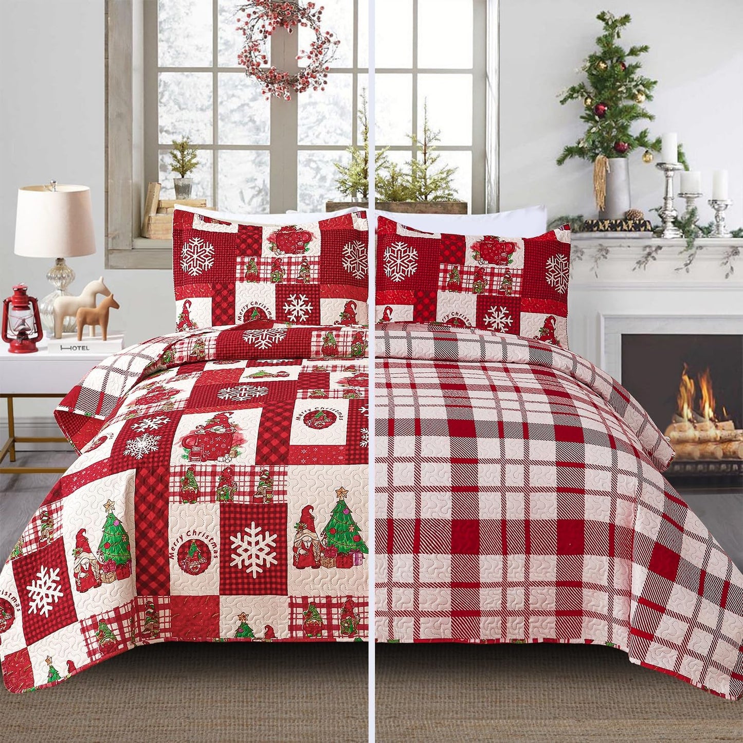 Reversible Christmas Bedspread Quilt Set for Queen Size Beds
