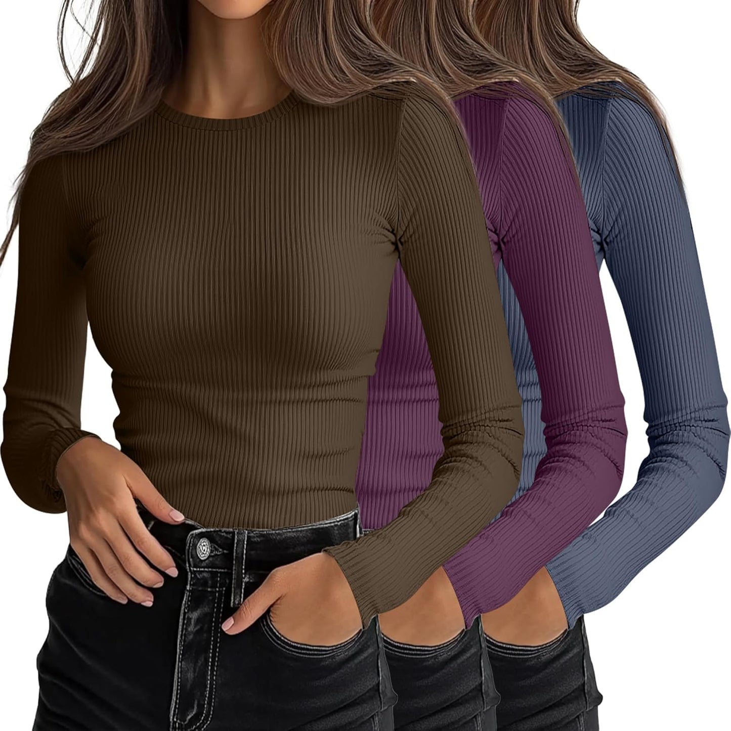Ficerd Women's Ribbed Long Sleeve Tops for Casual Layering