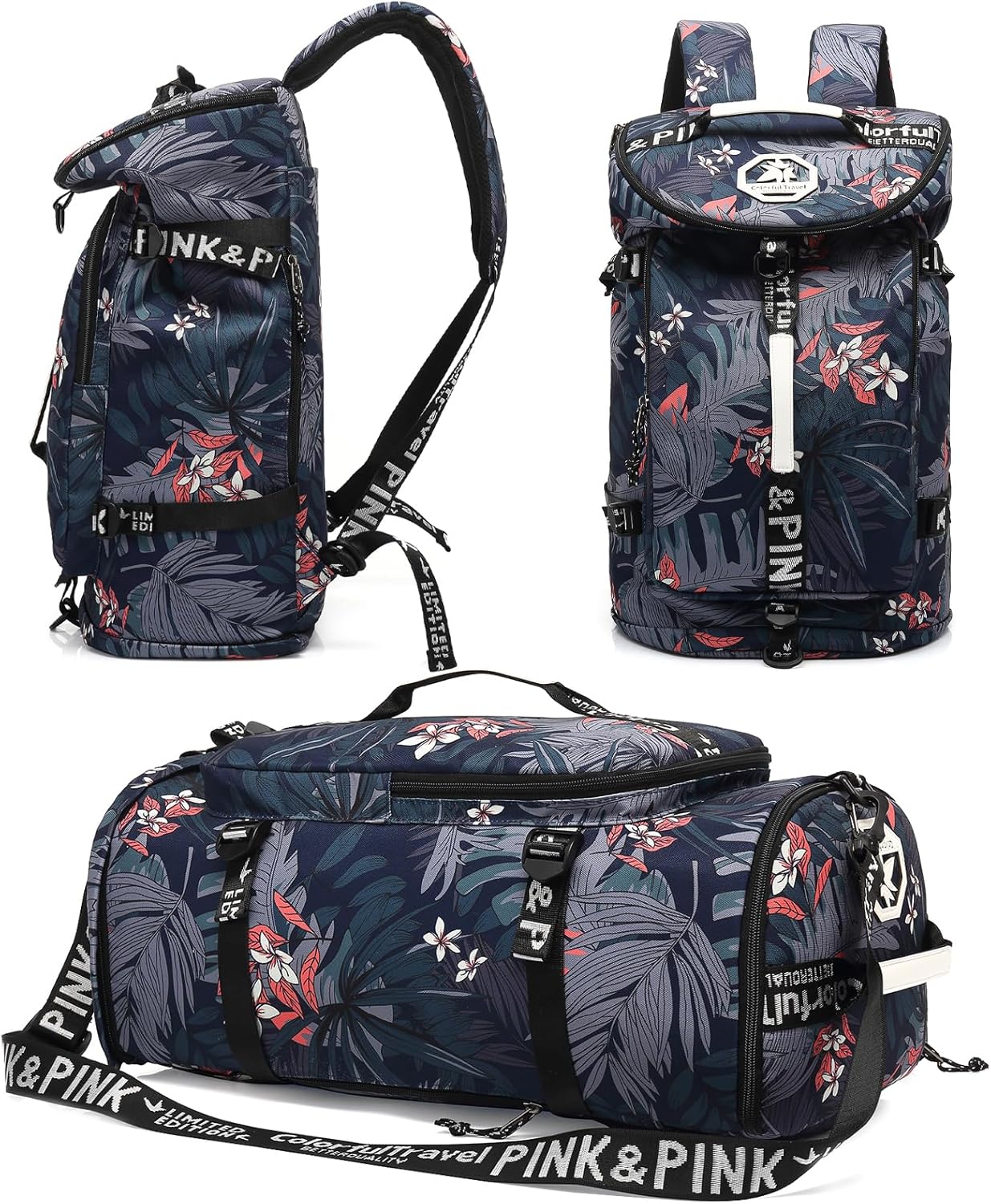 Floral Gym Duffel Bag Backpack with Shoe Compartment for Travel