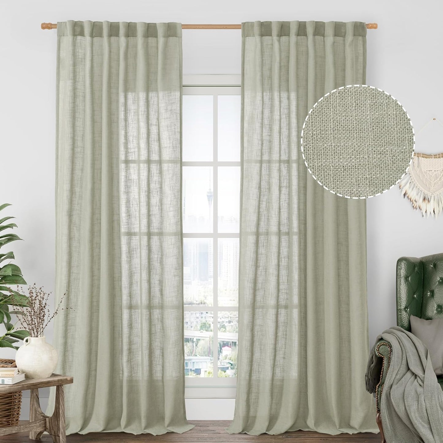 LAMIT Sage Grey Linen Curtains 90 Inch for Elegant Living Spaces