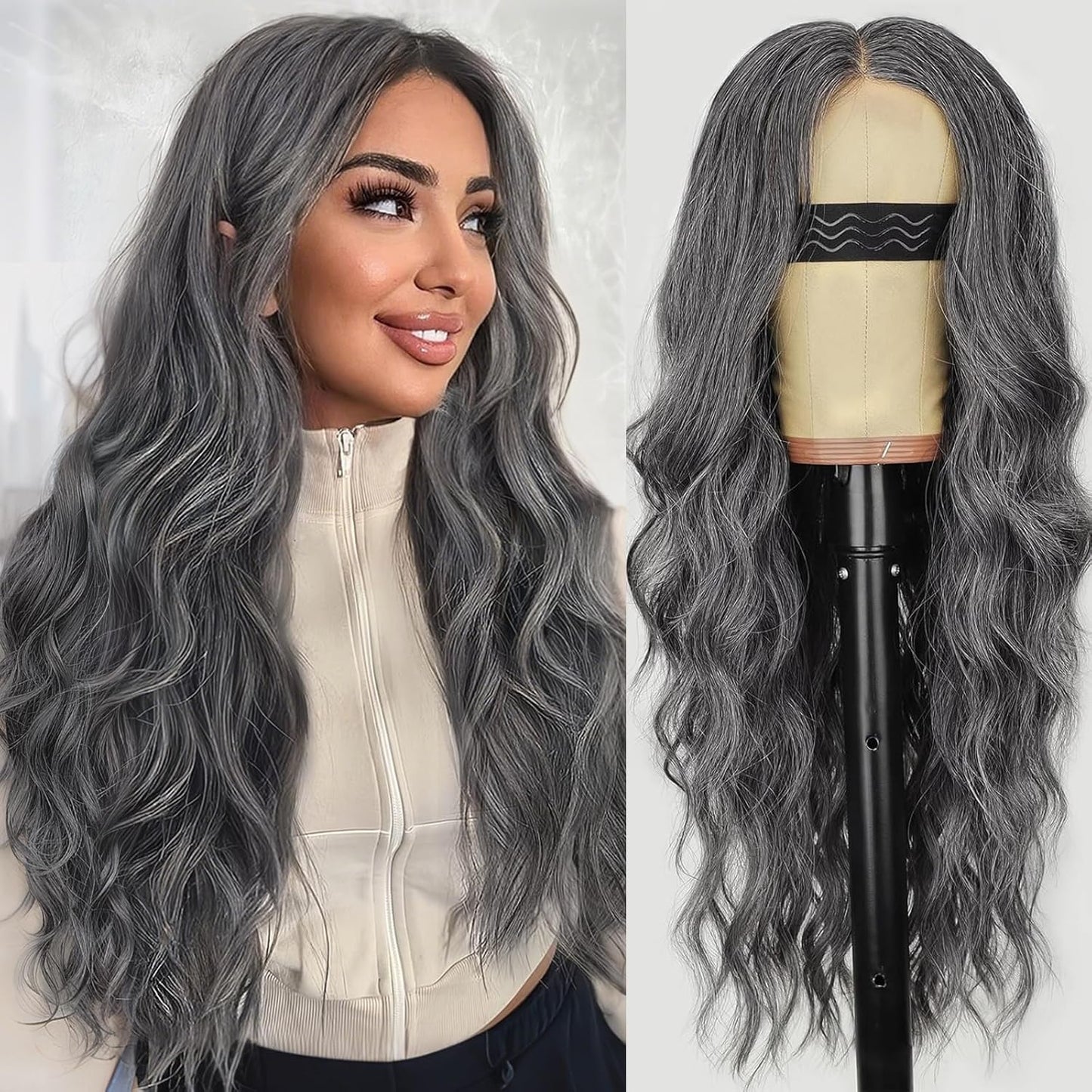 Long Gray and White Wig for Women - Wavy Lace Hairline Style
