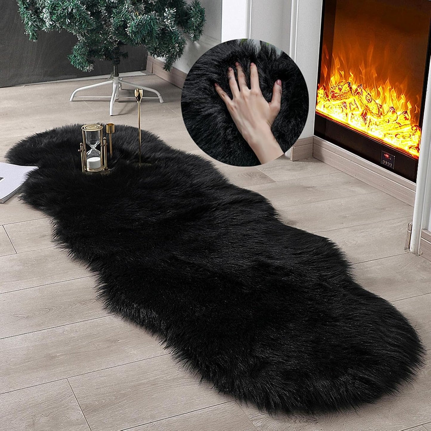 Faux Fur Rug Sheepskin Shag Fluffy Black Runner for Bedroom