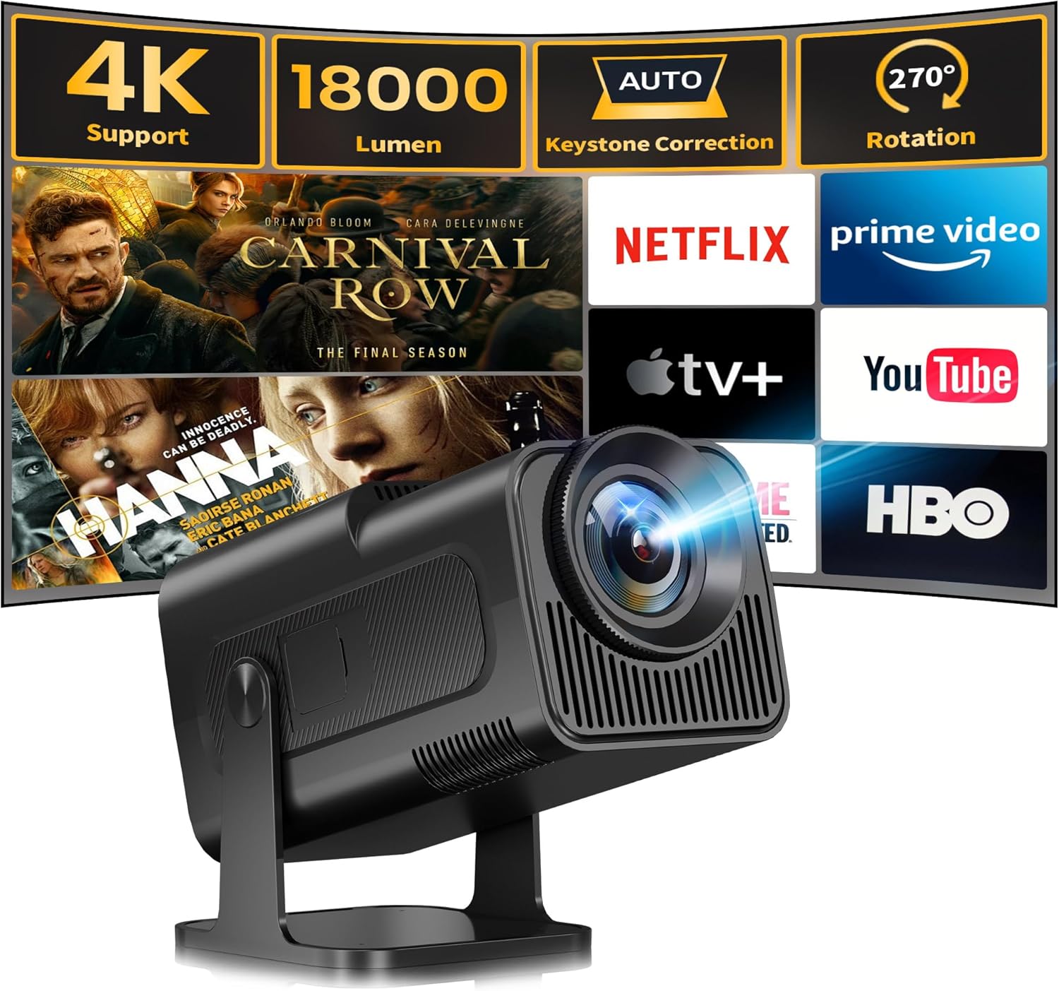 Allesin Mini Smart Projector: Full HD 1080P, 4K, Auto Keystone, WiFi, Bluetooth