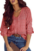 Women's Lightweight Crochet V Neck Pullover Sweater - Regular Fit