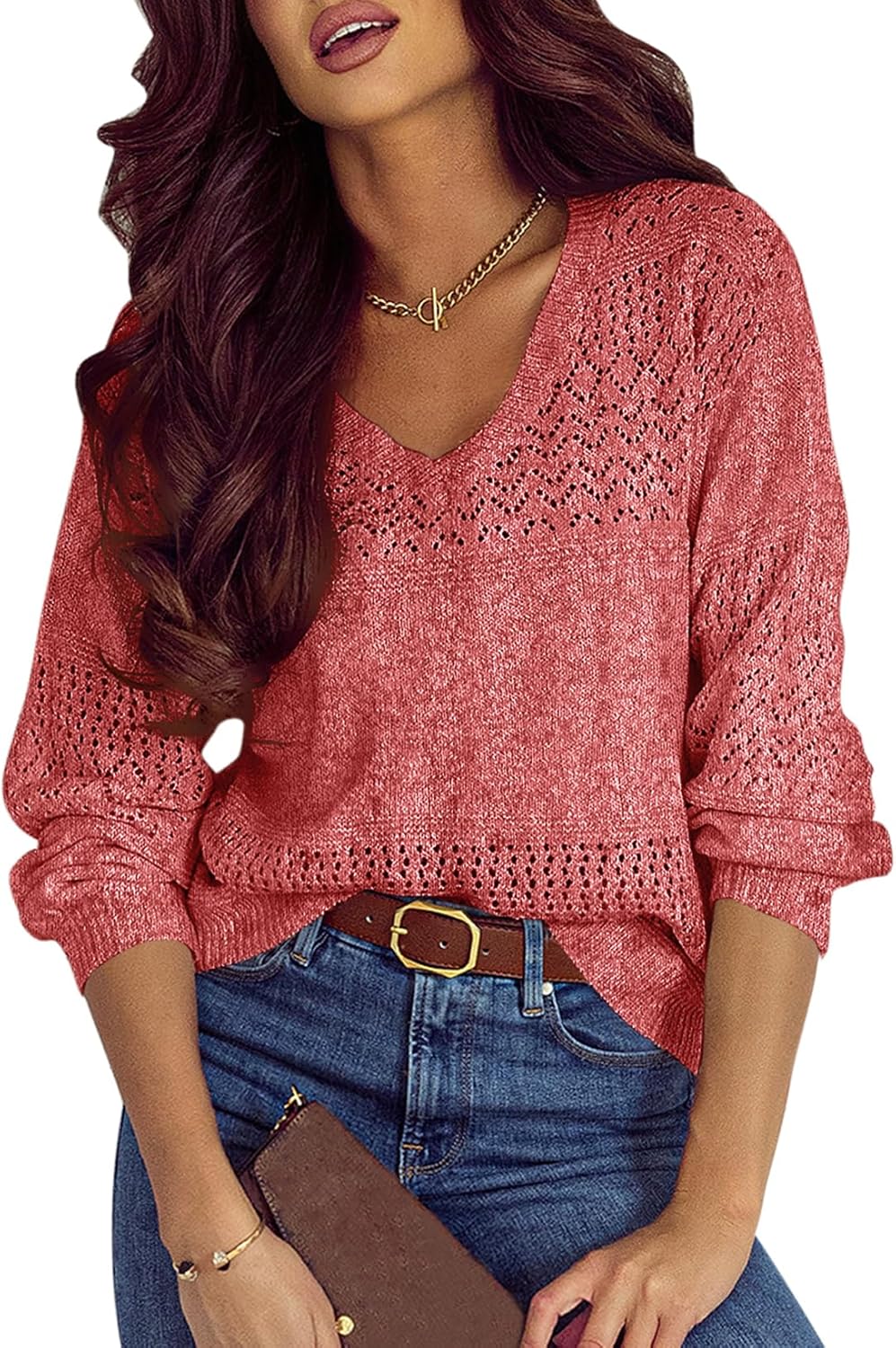 SHEWIN Women's Lightweight Crochet Pullover Sweater for Casual Wear
