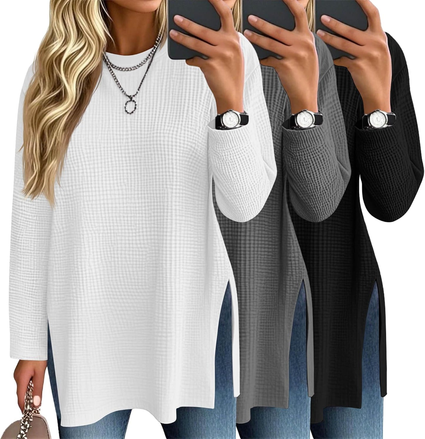 3 Pack Women's Waffle Knit Long Sleeve Tops for Casual Style