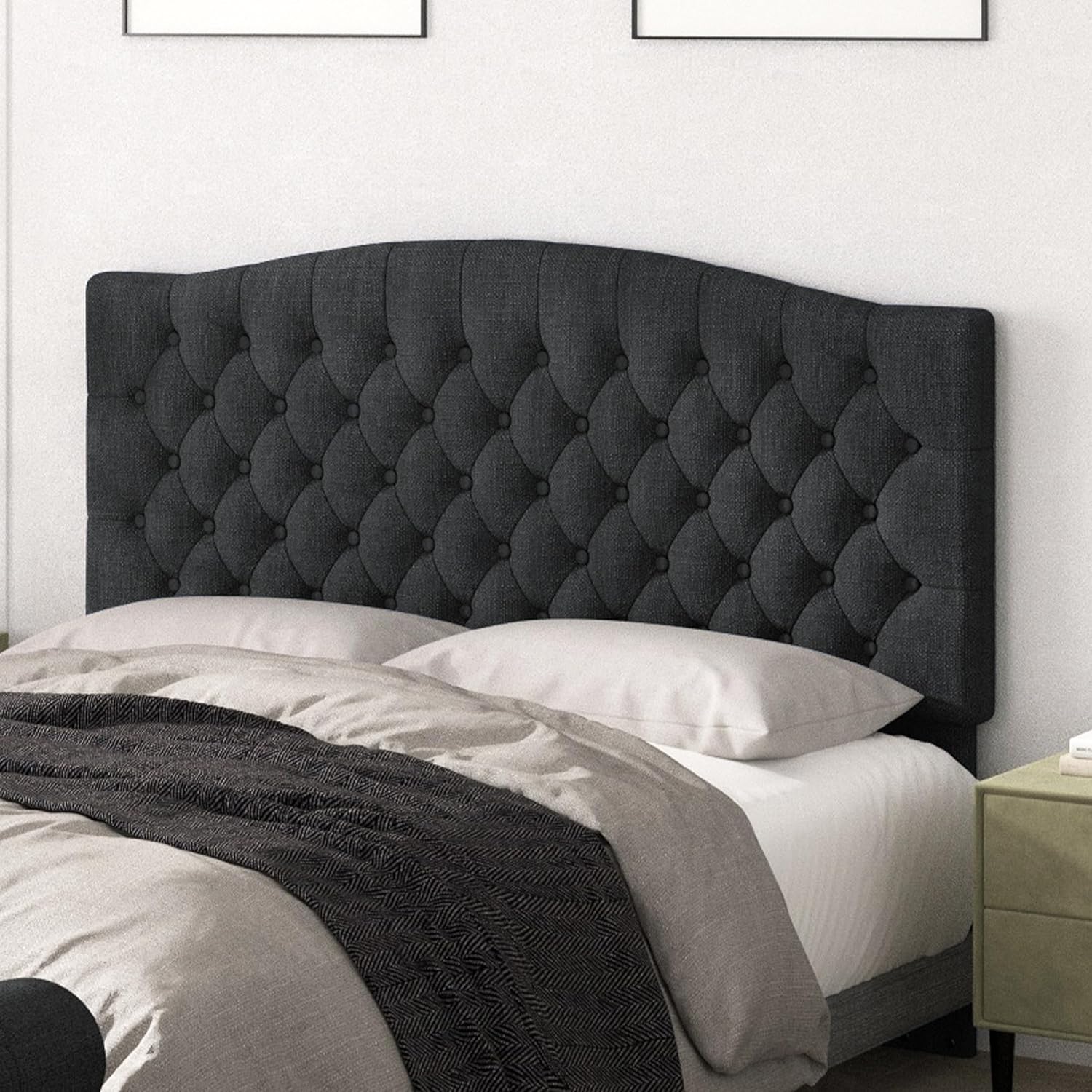 Upholstered Queen Headboard with Solid Wood Legs in Dark Gray