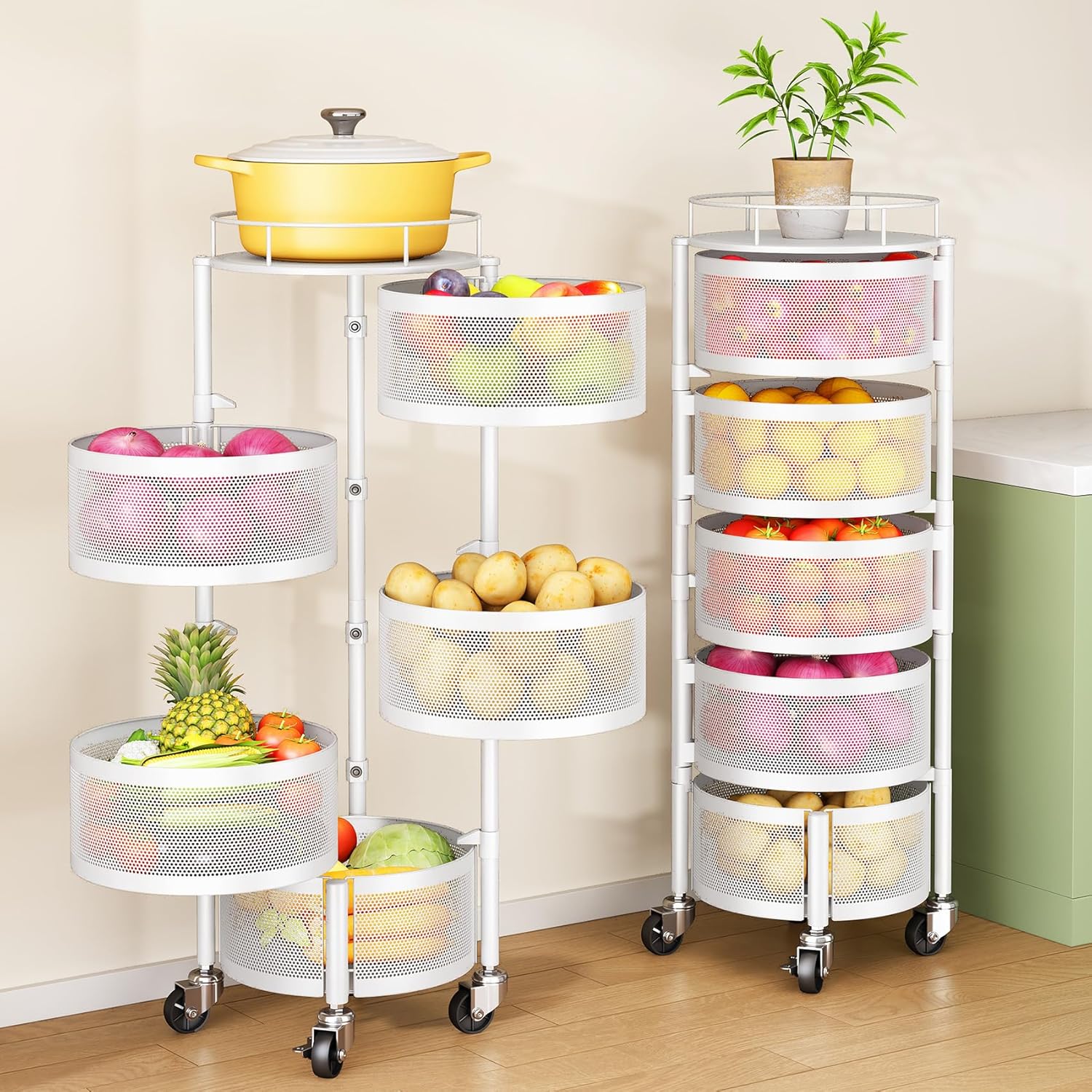 Rotating Fruit and Vegetable Basket with Metal Lid for Kitchen
