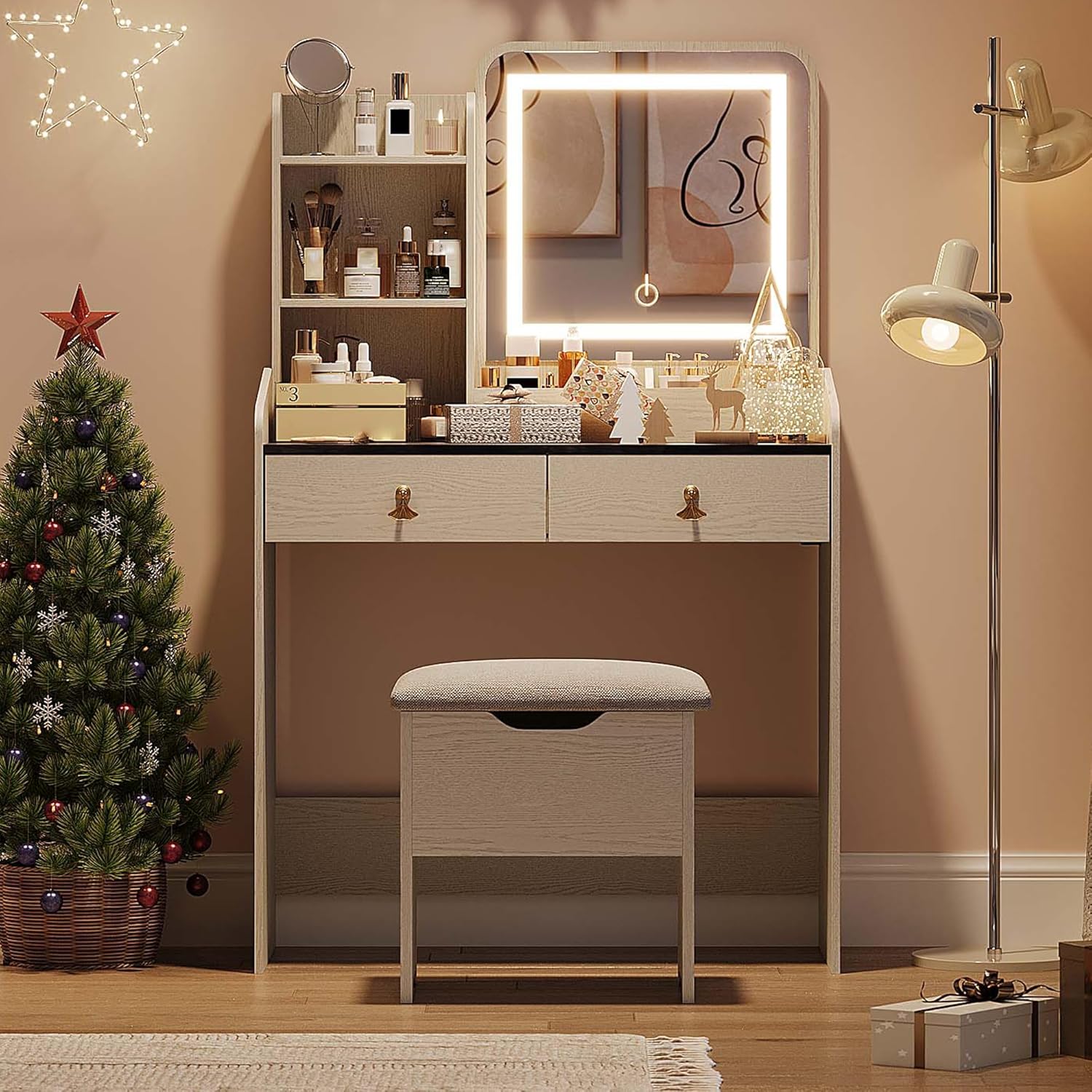 Chic Vanity Desk Set with LED Mirror & Storage