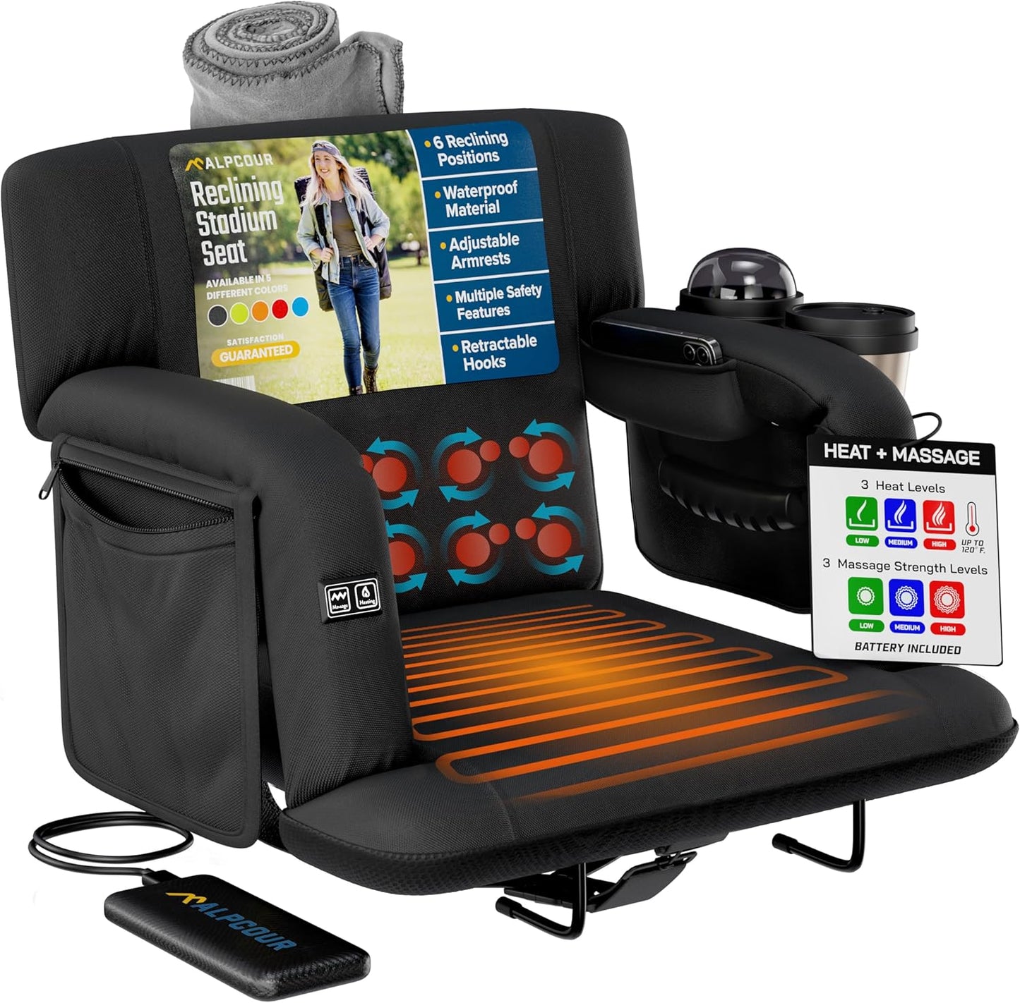 Alpcour Heated Massage Reclining Stadium Seat for Comfort