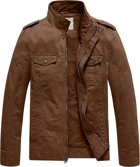 WenVen Men's Casual Washed Cotton Military Jacket for Comfort