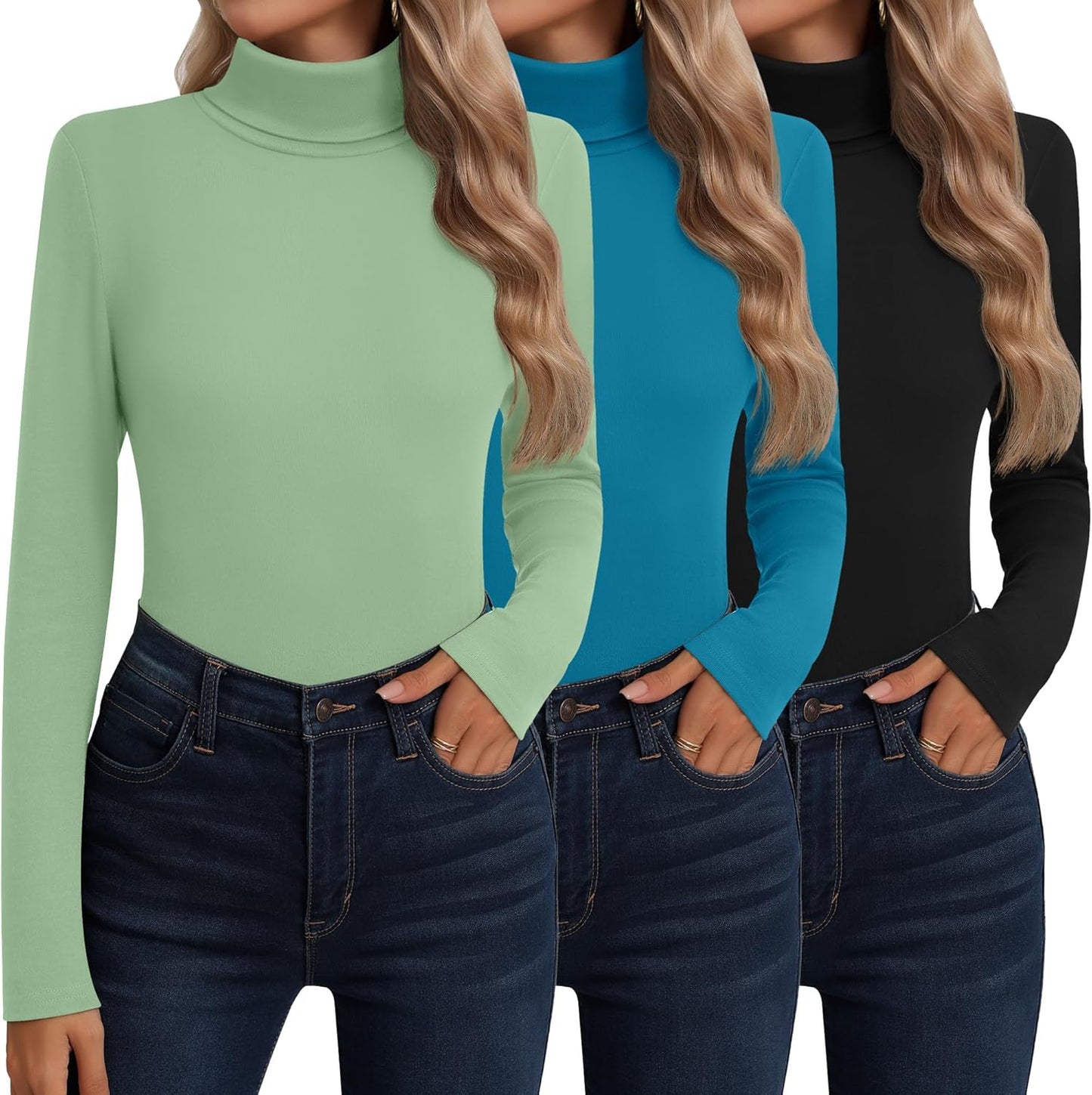 Neer 3 Pack Cotton Women's Turtleneck Long Sleeve Tops