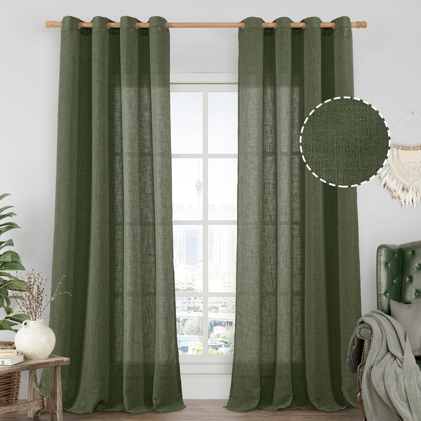 LAMIT Olive Green Linen Sheer Curtains for Living Room 95 in